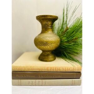 Vtg Etched Chinese Brass Vase 6x4